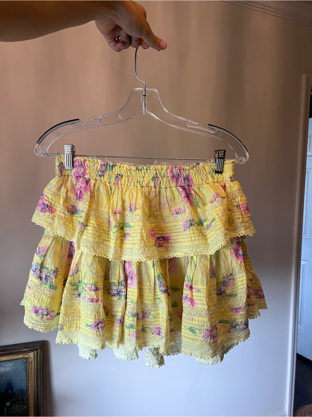 LoveShackFancy Yellow Floral Ruffled Mini Skirt